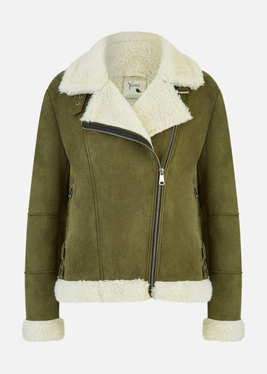 Yumi Green Faux Suede & Shearling Biker Jacket