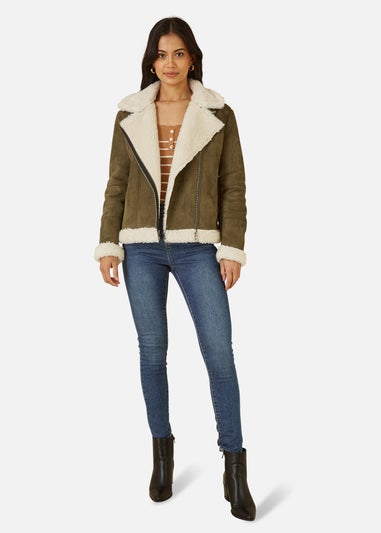 Yumi Green Faux Suede & Shearling Biker Jacket