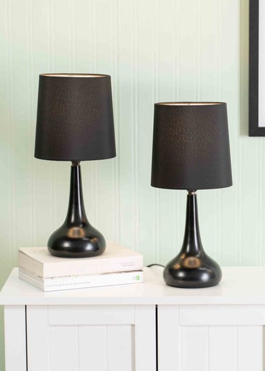 ValueLights Pair of Dimmable Matte Black Table Lamp with Black Drum Shade