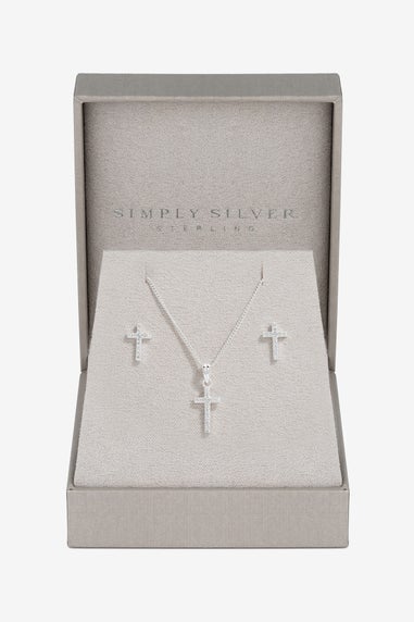 Simply Silver Sterling Silver 925 Cubic Zirconia Cross Set  - Gift Boxed