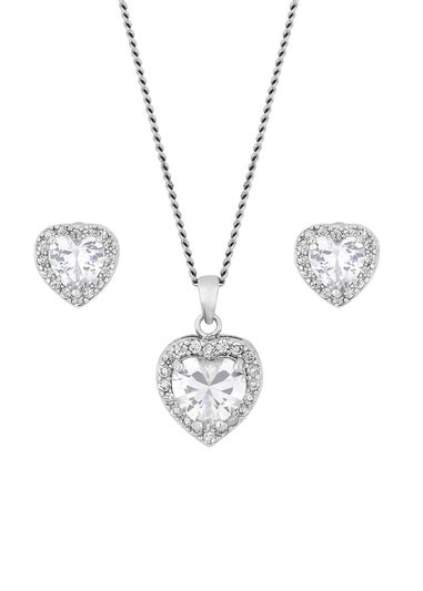 Silver Plated Pave Heart Cubic Zirconia Necklace And Earrings Set - Gift Boxed