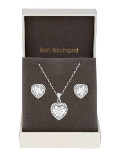 Silver Plated Pave Heart Cubic Zirconia Necklace And Earrings Set - Gift Boxed