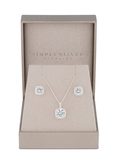 Simply Silver Sterling Silver 925 Halo Square Solitaire Matching Jewellery Set - Gift Boxed