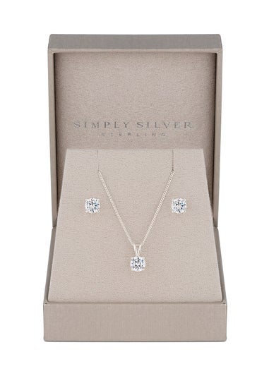 Simply Silver Sterling Silver 925 Round Cubic Zirconia Necklace And Earring Set - Gift Boxed