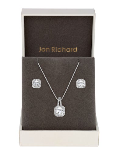 Silver Plated Cubic Zirconia Square Drop Pendant And Earring Set - Gift Boxed