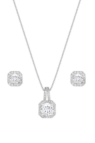 Silver Plated Cubic Zirconia Square Drop Pendant And Earring Set - Gift Boxed