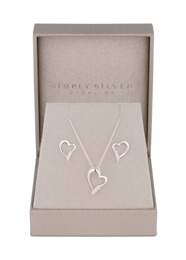 Simply Silver Sterling Silver 925 Cubic Zirconia Heart Set - Gift Boxed