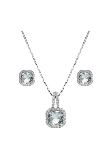 Silver Plated Aqua Blue Cubic Zirconia Crystal Square Drop Set - Gift Boxed