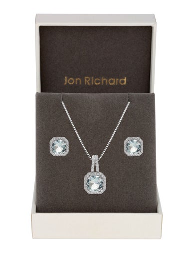 Silver Plated Aqua Blue Cubic Zirconia Crystal Square Drop Set - Gift Boxed