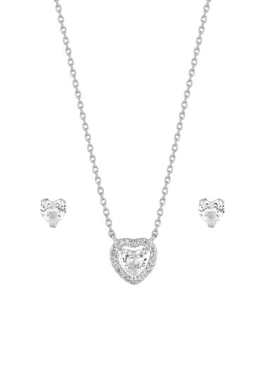 Sterling Silver 925 Cubic Zirconia Halo Heart Set