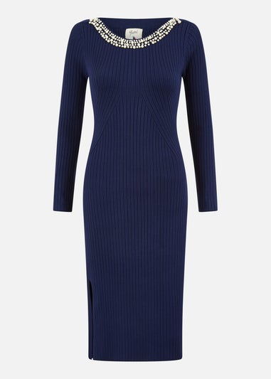 Yumi Navy Pearl Neckline Fitted Midi Knitted Dress