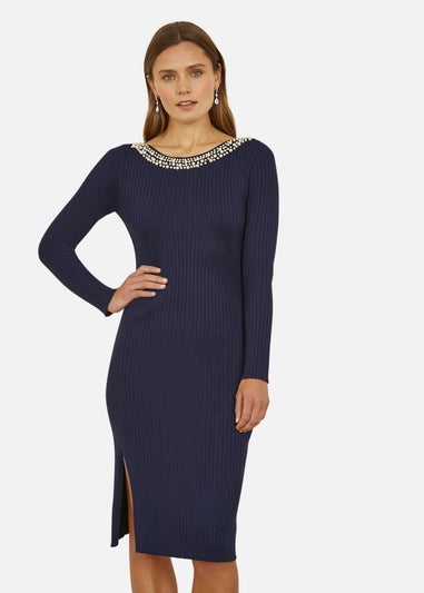 Yumi Navy Pearl Neckline Fitted Midi Knitted Dress