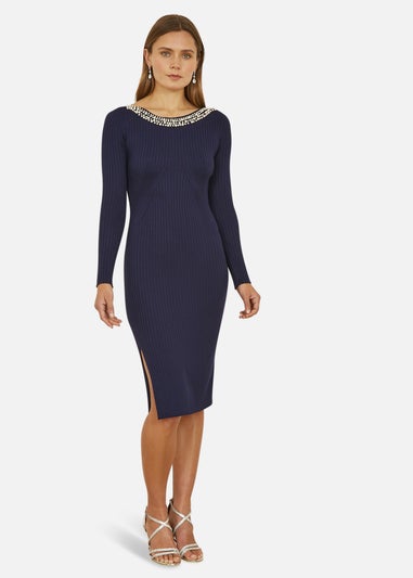 Yumi Navy Pearl Neckline Fitted Midi Knitted Dress