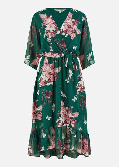 Yumi Green Floral Kimono Dipped Hem Dress