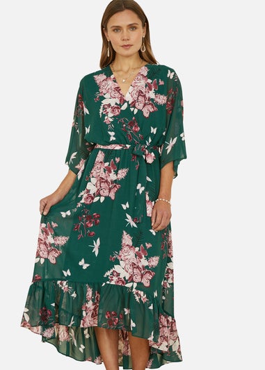 Yumi Green Floral Kimono Dipped Hem Dress