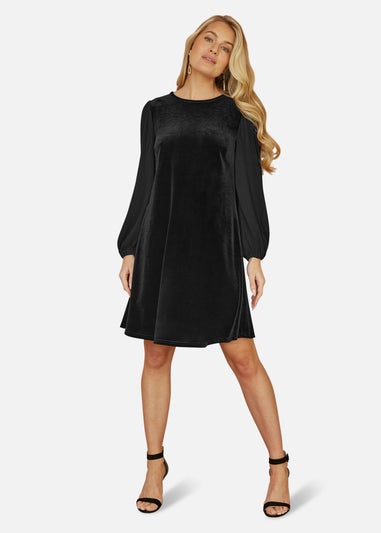 Yumi Black Velvet Tunic Dress with Pleated Balloon Sleeves And Tie Back