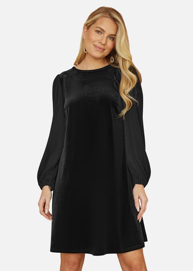 Yumi Black Velvet Tunic Dress with Pleated Balloon Sleeves And Tie Back