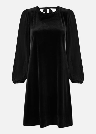 Yumi Black Velvet Tunic Dress with Pleated Balloon Sleeves And Tie Back