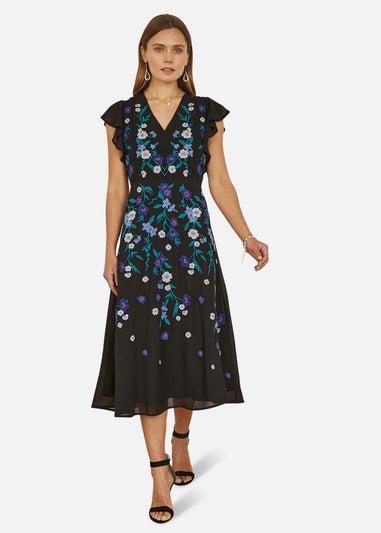 Yumi Black All Over Floral Embroidery Midi Skater Dress