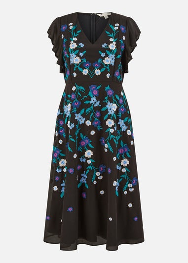 Yumi Black All Over Floral Embroidery Midi Skater Dress