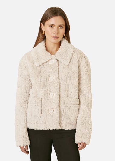 Yumi Cream Luxe Textured Faux Fur Jacket With Pockets