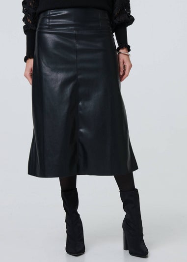 Izabel London Black Faux Leather High Waist Midi Skirt