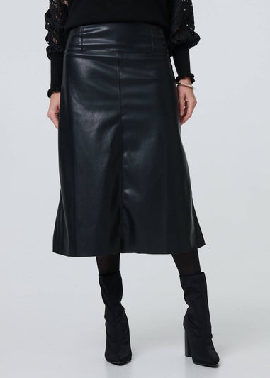 Izabel London Black Faux Leather High Waist Midi Skirt