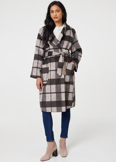 Izabel London Brown Checked Longline Coat with Belt