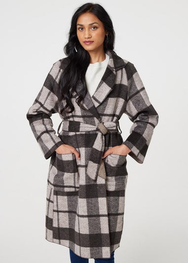 Izabel London Brown Checked Longline Coat with Belt