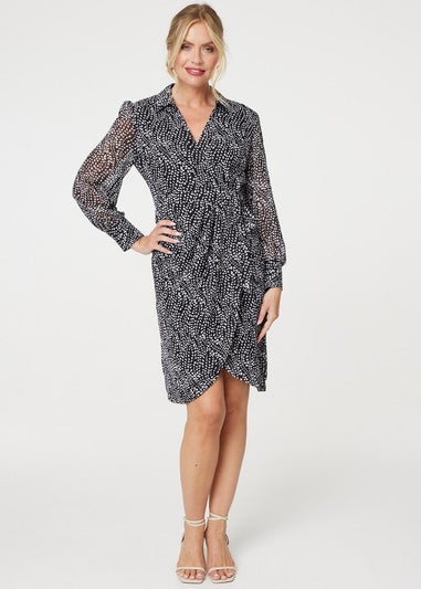 Izabel London Black Printed Long Sleeve Wrap Front Short Dress