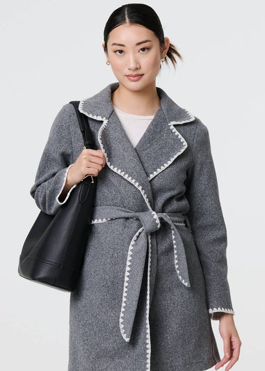 Izabel London Grey Blanket Stich Coat with Belt