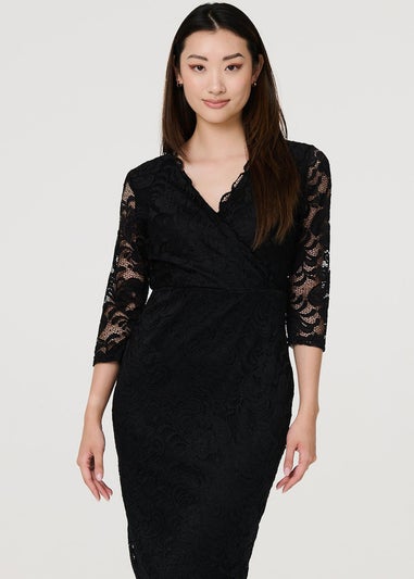 Izabel London Black Lace Faux Wrap Front Dress