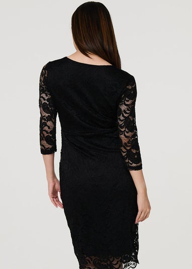 Izabel London Black Lace Faux Wrap Front Dress