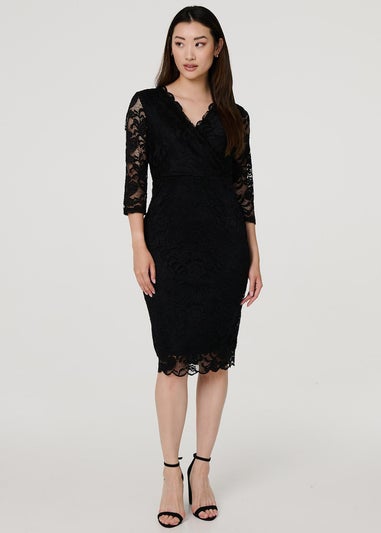 Izabel London Black Lace Faux Wrap Front Dress