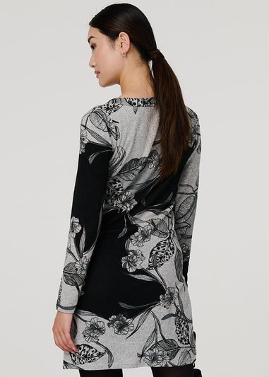 Izabel London Grey Floral Long Sleeve Jersey Shift Dress