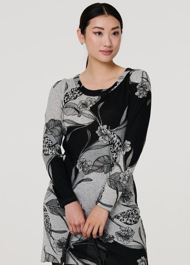 Izabel London Grey Floral Long Sleeve Jersey Shift Dress