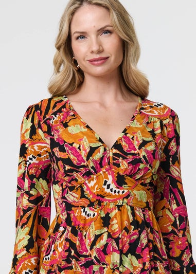 Izabel London Orange Tropical Floral Print Long Sleeve Midi Dress