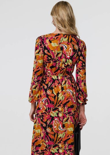 Izabel London Orange Tropical Floral Print Long Sleeve Midi Dress