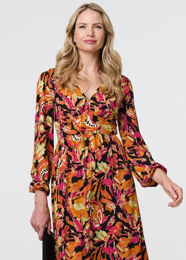 Izabel London Orange Tropical Floral Print Long Sleeve Midi Dress