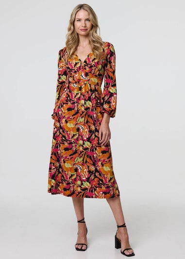 Izabel London Orange Tropical Floral Print Long Sleeve Midi Dress