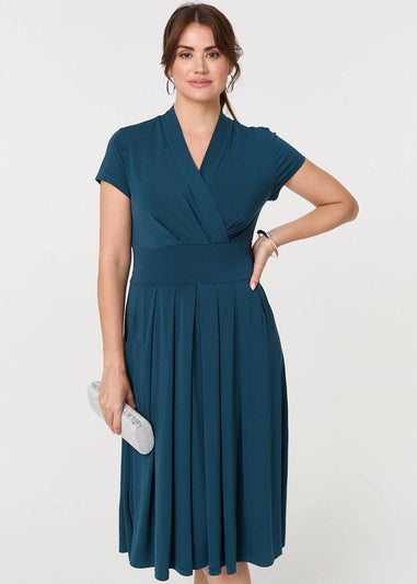 Izabel London Teal Cap Sleeve Tie Waist Jersey Midi Dress