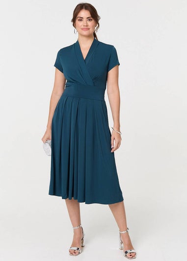 Izabel London Teal Cap Sleeve Tie Waist Jersey Midi Dress