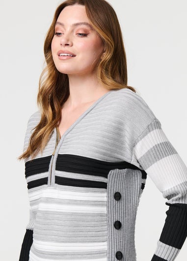 Izabel London Grey Striped Zip Front Knit Pullover