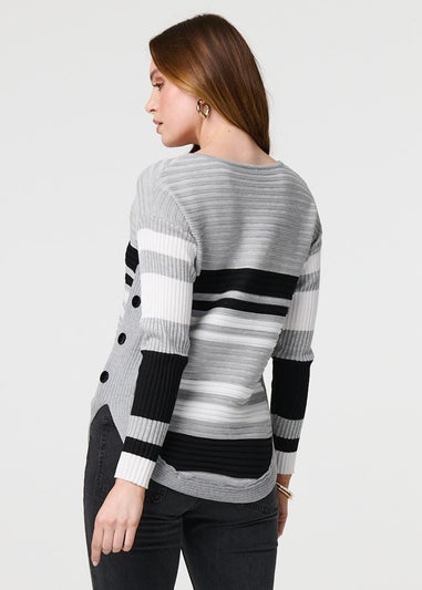 Izabel London Grey Striped Zip Front Knit Pullover