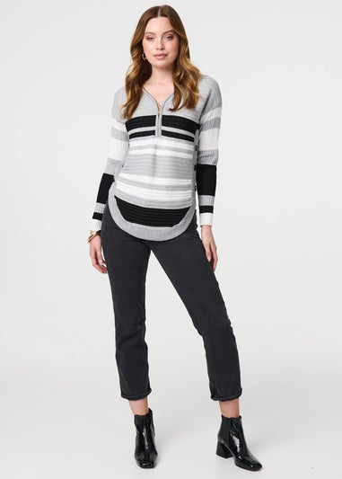 Izabel London Grey Striped Zip Front Knit Pullover