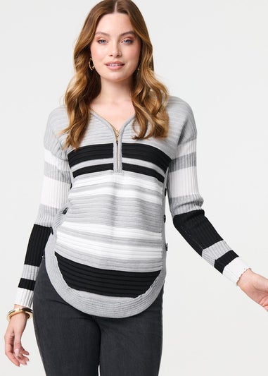 Izabel London Grey Striped Zip Front Knit Pullover