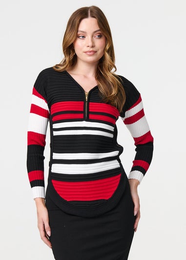 Izabel London Red Striped Zip Front Knit Pullover