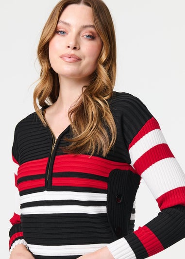 Izabel London Red Striped Zip Front Knit Pullover