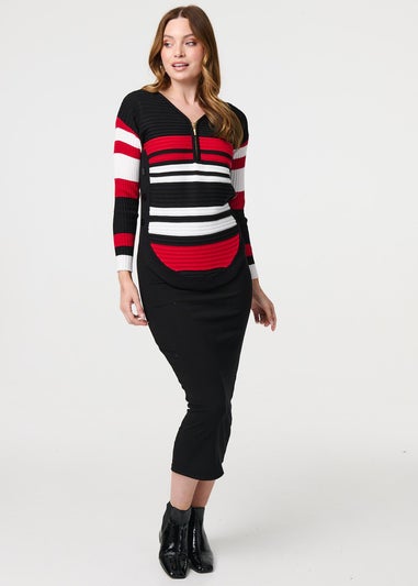 Izabel London Red Striped Zip Front Knit Pullover