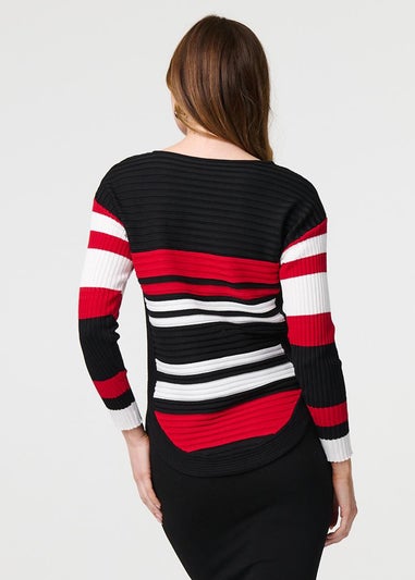 Izabel London Red Striped Zip Front Knit Pullover